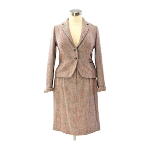 70s Vintage Tweed Plaid Skirt Suit Womens 12 Doncaster Orange Gray Blues