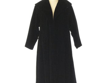 50s Vintage Black Cotton Velvet Opera Coat Womens L Swing Cocktail Evening Coat Shawl Collar 3/4 Sleeve Winter Formal Old Hollywood Jacket