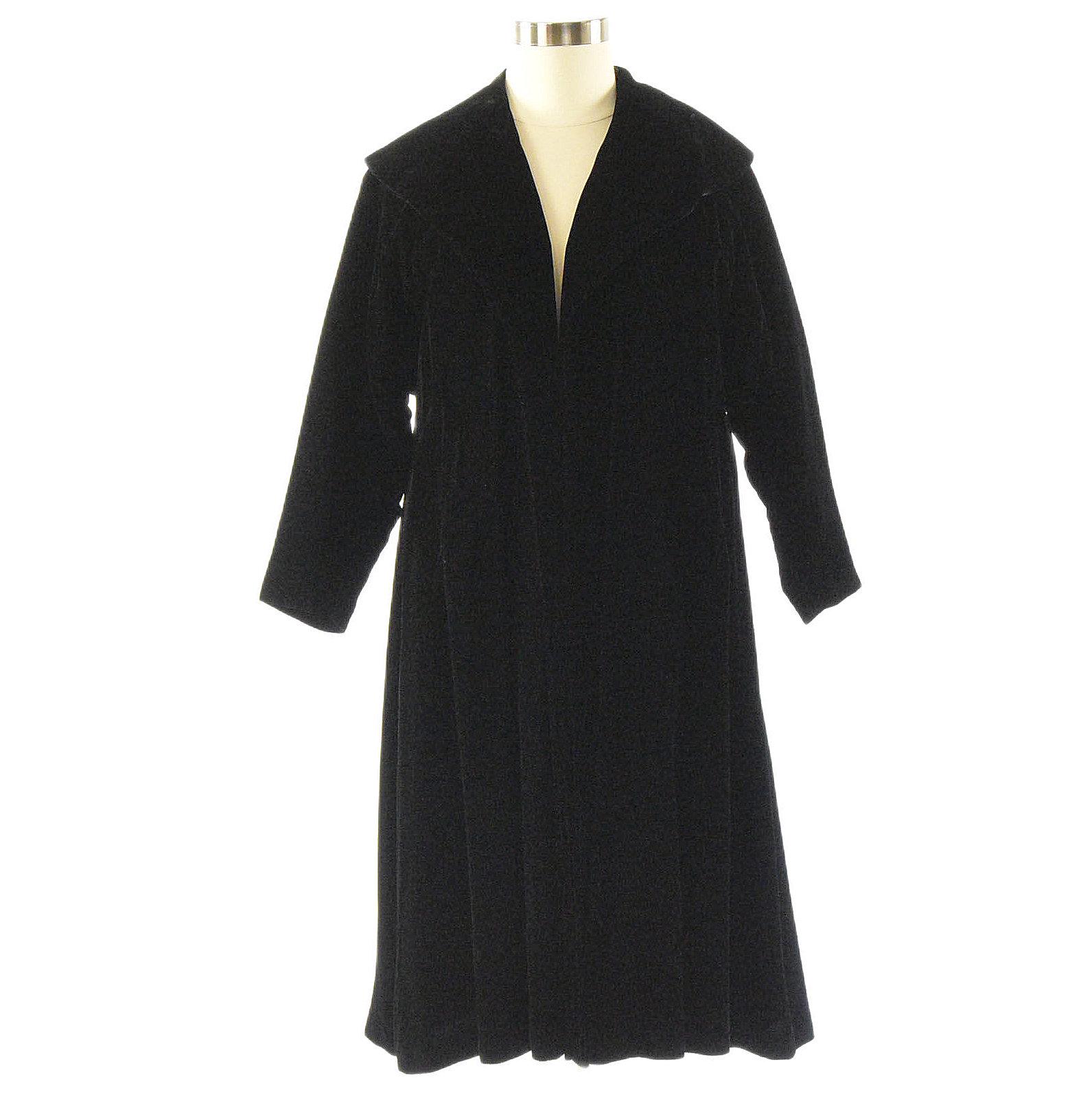 50s Vintage Black Cotton Velvet Opera Coat Womens L Swing Cocktail