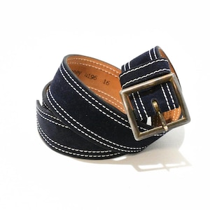 70s Vintage Blue Leather Top Stitched Belt Mens Size 36 or XL Removeable Buckle