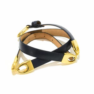 90s Vintage Chunky Gold Chain Link Belt Kathie Lee M/L Navy Blue Leather Buckle