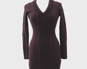 Y2K Vintage Chococlate Brown Sweater Dress Womens S Ruffled V Neck Mini Sheath
