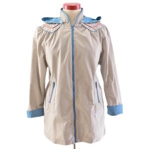 70s Vintage Sailor Collar Raincoat Womens L XL Gray Hooded A Line Jacket Nautical Mod Retro Coat Blue Pink Piping Lightweight