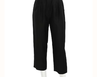 80s Vintage Rick Bacchus Black Silk Linen Pleated Pants High Waist Ankle Trouser