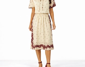 70s Vintage Floral Midi Dress Tie Neck Elastic Waist Beige Burgundy Women S Boho