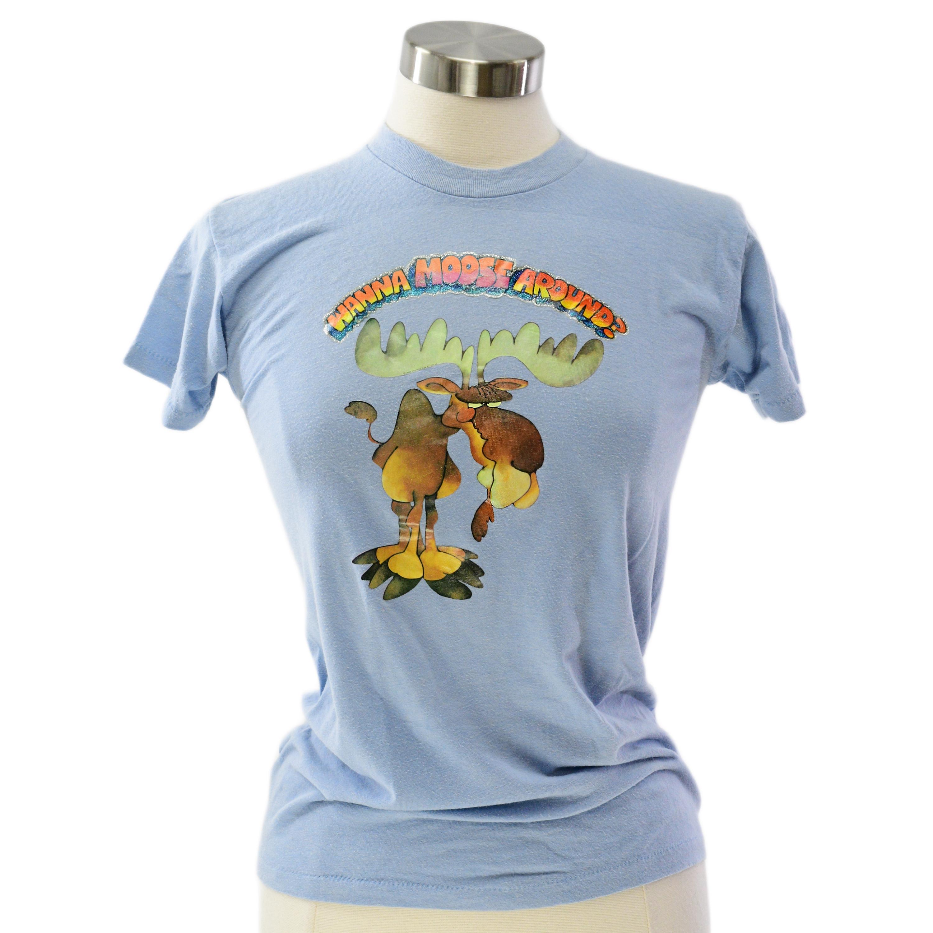 80s Vintage Wanna Moose Around Tee Womens XS S Sky Blue Funny