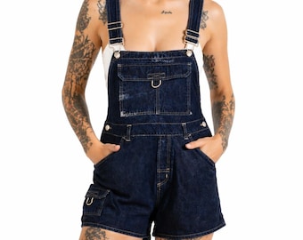 Y2K Cargo Shortalls Womens L Dark Wash Denim Utility Bibs Dungarees Overalls