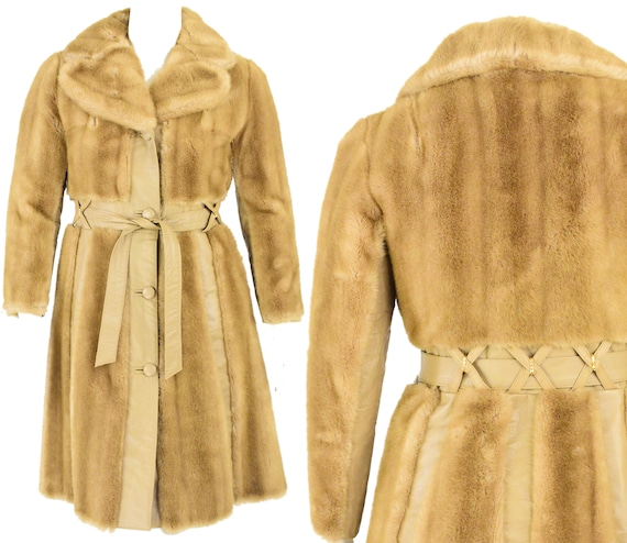 70s Vintage Fit N Flare Coat Size L Blonde Faux F… - image 1