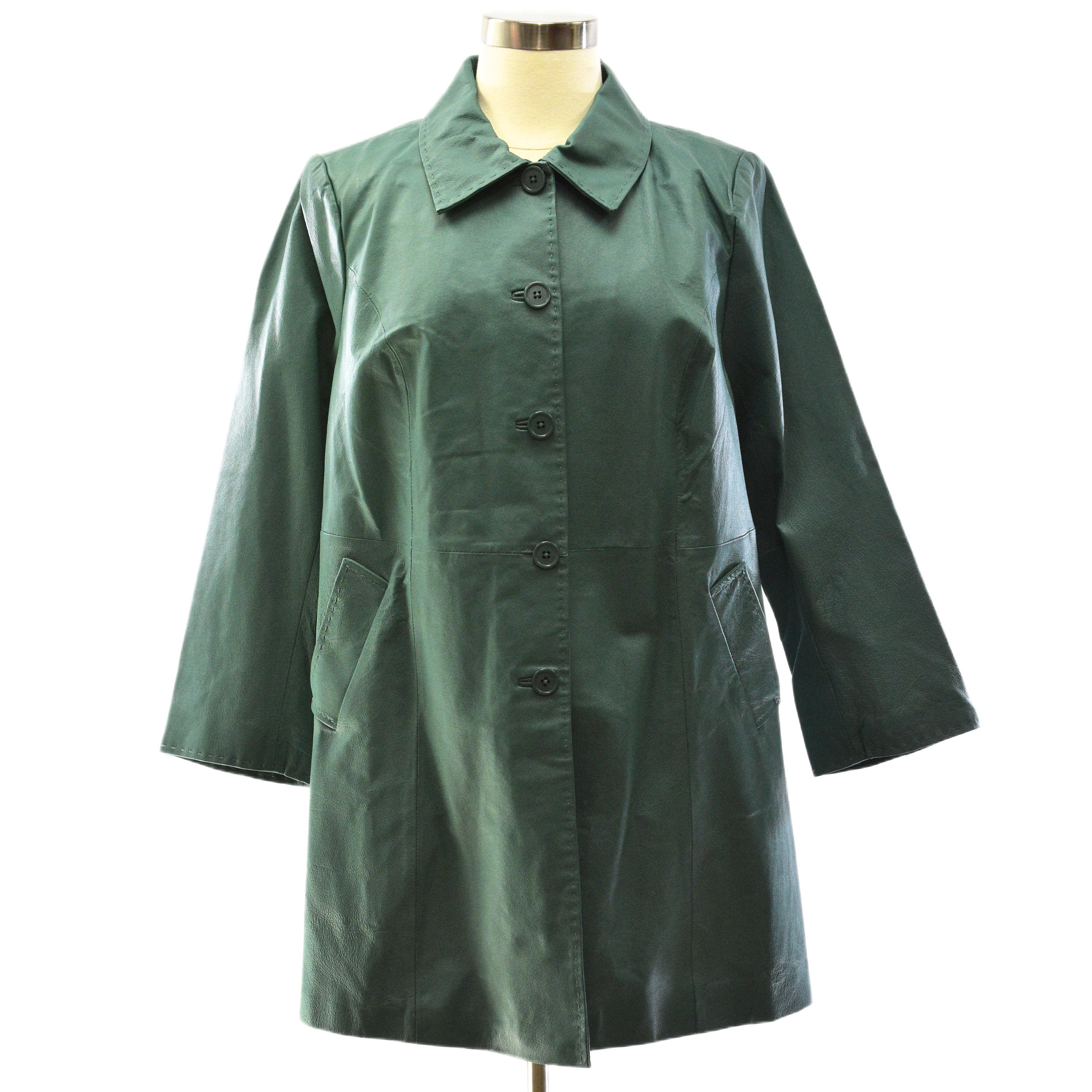 90s Jessica London Hunter Green Leather Coat Womens 18 XL Swing A