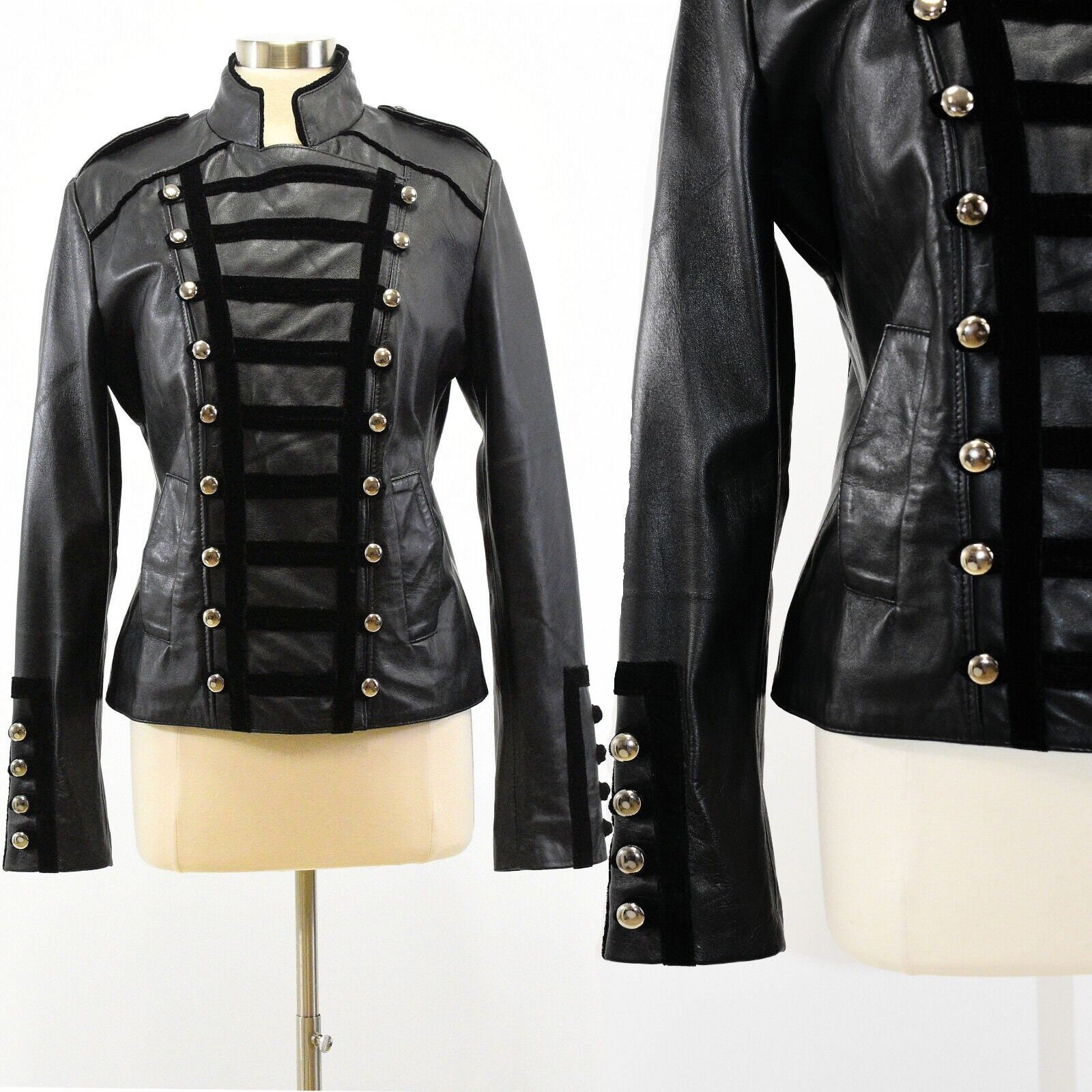 90s Vintage Womens Black Leather Velvet Military Style Jacket Size XL Etsy Canada