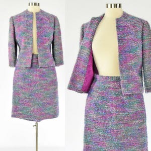 60s Vintage Boucle Knit Skirt Suit 3/4 Sleeve Purple & Blue Cropped Jacket  Size Small