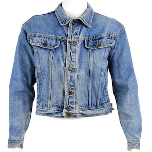 80s Vintage Pleated Logo Denim Jacket Womens L Lee for Guess Stone Washed Cropped Jean Jacket Cotton Medium Wash Grunge Relaxed Fit Jacket