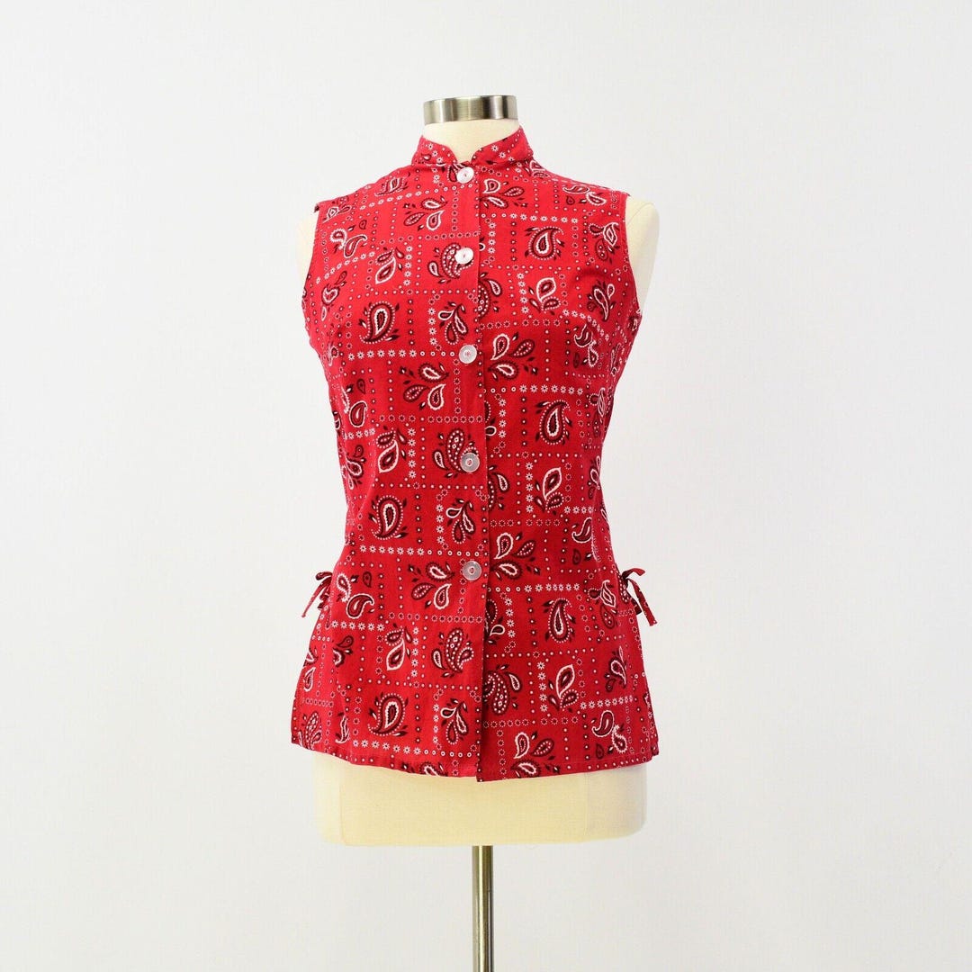 60s Vintage Womens M Red Bandana Print Blouse Top Stand up Collar - Etsy