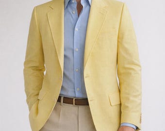 70s Vintage Pastel Yellow 2 Button Blazer Mens 44L Casual Sport Jacket Notched