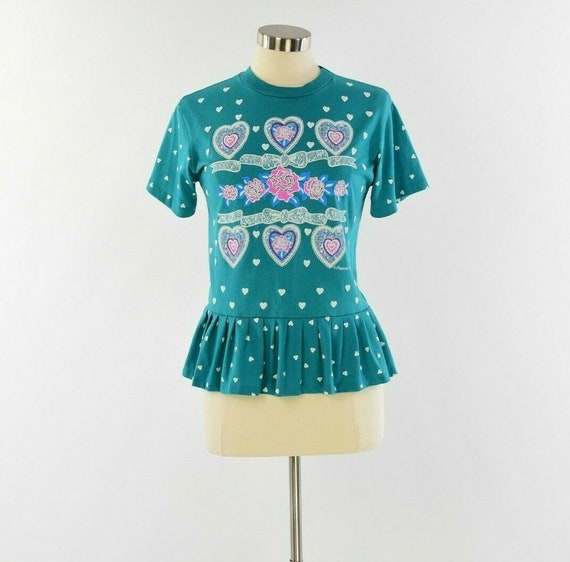 80s Vintage Graphic Novelty T Shirt Top Peplum Wa… - image 2