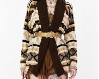 70s Vintage Geometric Shawl Cardigan Womens L Brown Striped Sweater Boho Western
