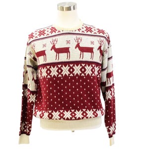 70s Vintage Red Reindeer Christmas Sweater Mens M Holiday Snowflake Knit Jantzen
