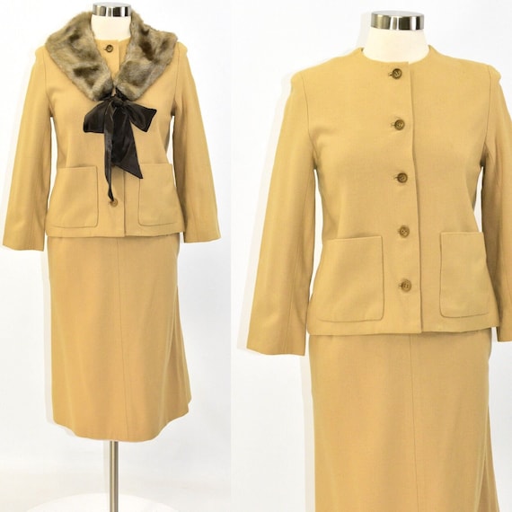 60s Vintage Wool Skirt Suit Camel Brown Womens Si… - image 1
