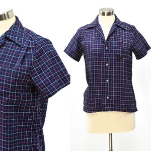 70s Vintage Blue Plaid Evan Picone Blouse Womens S