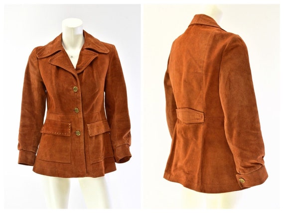 70s Vintage Burnt Orange Suede Leather Coat Women… - image 1