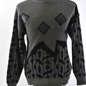 Mens Vintage Campus Abstract Geometric Print Sweater Leather Patches