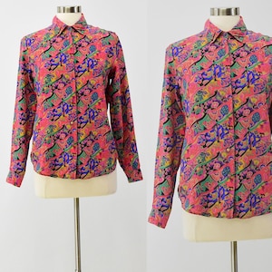 90s Vintage Women&#39;s M Multicolor Floral Print Silk Blouse Top