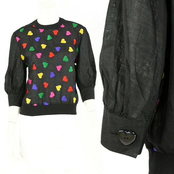 80s vintage amen wardy black embroidered hearts sh