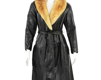 70s Vintage Leather Trench Coat Womens L Shearling Fur Collar Black Belted Long Coat Made in USA Winter Outerwear Boho Mod Long Jacket