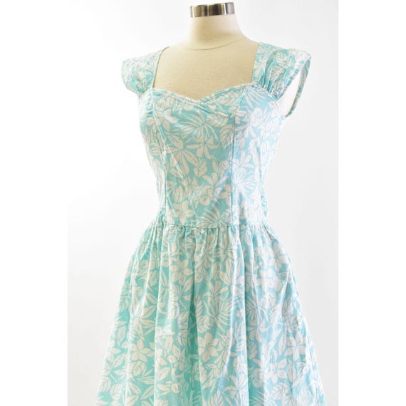 80s Vintage Floral Sundress Xs Seafoam Green Sweetheart Neck Summer Midi Dress
