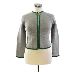 60s Vintage Boiled Wool Jacket Womens L Gray Green Trim Cropped Alpine Cardigan Edelweiss Clasp Blazer
