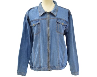 90s Vintage Mens XL Denim Jacket Zip Front Blue Jean Workwear Utility Coat