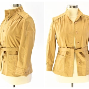 70s Vintage Tan Utility Jacket Womens L Stand Up Collar Belted Tonal Piping