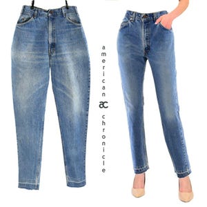 Womens Vintage High Waist Levis Jeans Tapered Leg Dark Stone Wash Raw Hem 4 18