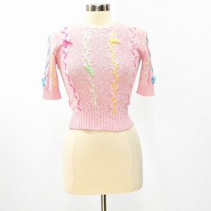 70s Vintage Hewletts Pink Sweater Womens XS Rainbow Ribbon Knit Crop Top Pastel Cottagecore Kawaii Short Sleeve Pullover cropped sweater