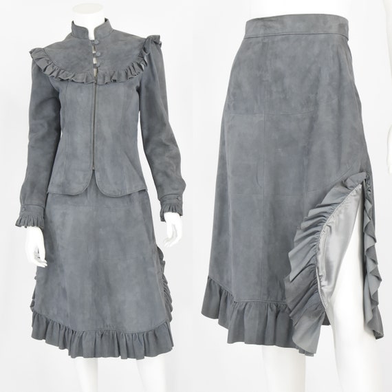 1970'S Vintage Gray Leather Ruffled Skirt Suit Man