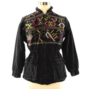 90s Vintage Catalina Black Cotton Jacket Womens M Boho Embroidered Canvas Coat Ethnic Bird Print Utility Festival Jacket Stand Up Collar