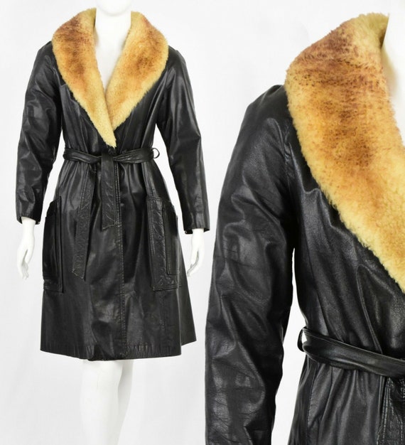 50s vintage leather & shearling wrap coat shearli… - image 1