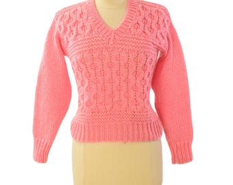 Vintage 1980s Sears Bubblegum Pink Chunky Knit Sweater S Textured V-Neck