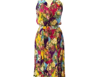 90s Vintage Floral Print Sleeveless Midi Dress Womens 14 L Boho Shirt Romantic