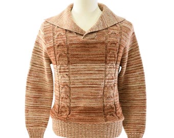 70s Vintage Shawl Collar Sweater Mens L Burnt Orange Striped Cable Knit Jantzen