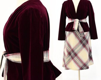 70s Vintage Velvet Skirt Suit Womens 22 Burgundy Velvet Blazer Plaid Skirt
