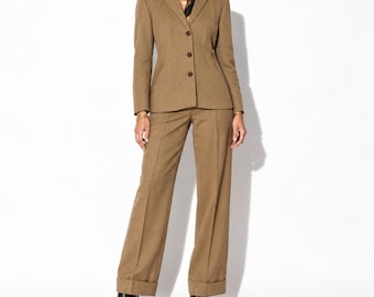 Y2k Tan Pinstripe Pantsuit Womens 4 Red B Moss Wide Cuffed Leg Tailored Blazer