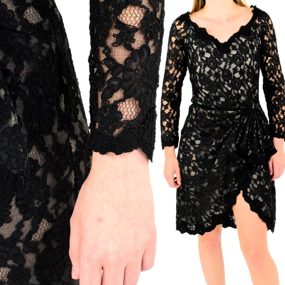 50s Vintage Black Lace Dress Size S 6 Sheath Dres… - image 1