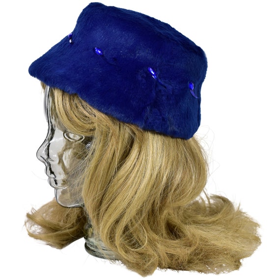 50s Vintage Blue Fur Hat Embellished Bucket Hat J… - image 1