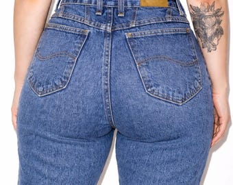 80s Vintage Lee Western Yoke Jeans Womens 16 Dark Stone Wash Cinch Waist Ankle
