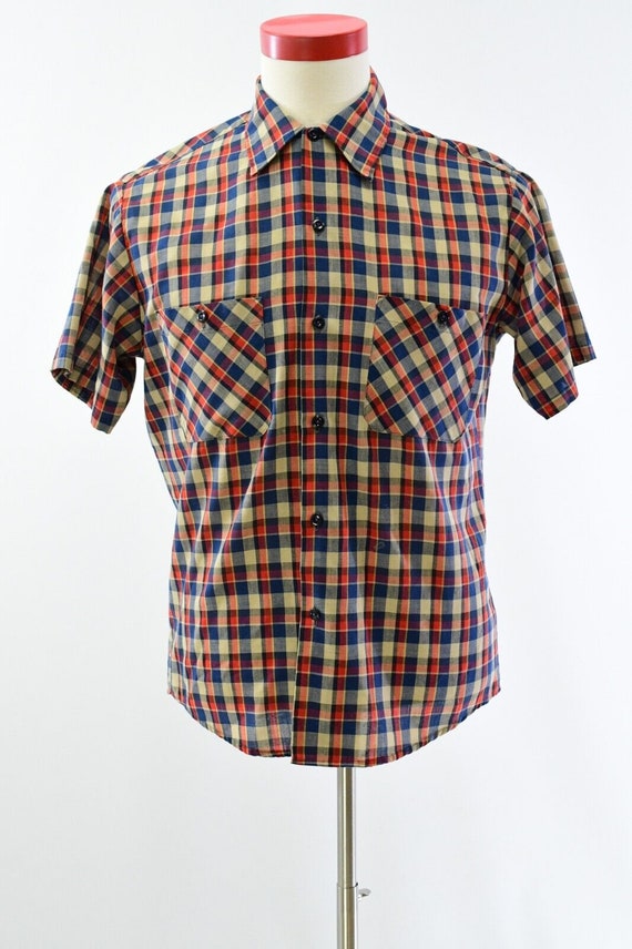 60s Vintage Mens M Checkered Short Sleeve Shirt S… - image 3