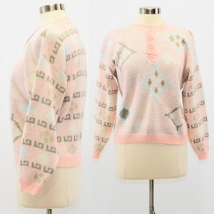 80s Vintage Womens Sweater Size M Pink Geometric Print Relaxed Fit 62 East
