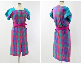 60s Vintage Bright Bold Turquoise & Pink Square Neck Belted Shirt Dress Cotton