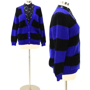 90s Vintage Womens S Oversized Striped Cardigan Sweater One Step Up Blue & Black
