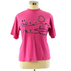 90s Vintage Golf T Shirt Womens L XL Pink Embroidered Cotton Tee Made in USA Sports Graphic Preppy Y2K Oversized Fit Country Club Style
